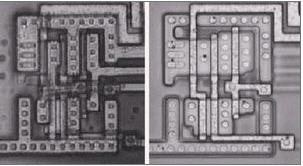 NAND門(mén)驅(qū)動(dòng)一個(gè)反向器的光學(xué)照片(包含金屬層和去掉金屬層)。